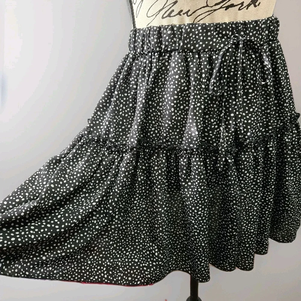 Fashion Tiered Skirt A line High Waist Black Polka Dot Preppy Academia‎ College